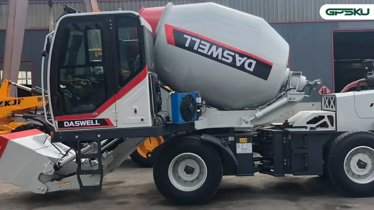 Mixer beton mandiri dengan sistem pencampuran otomatis.